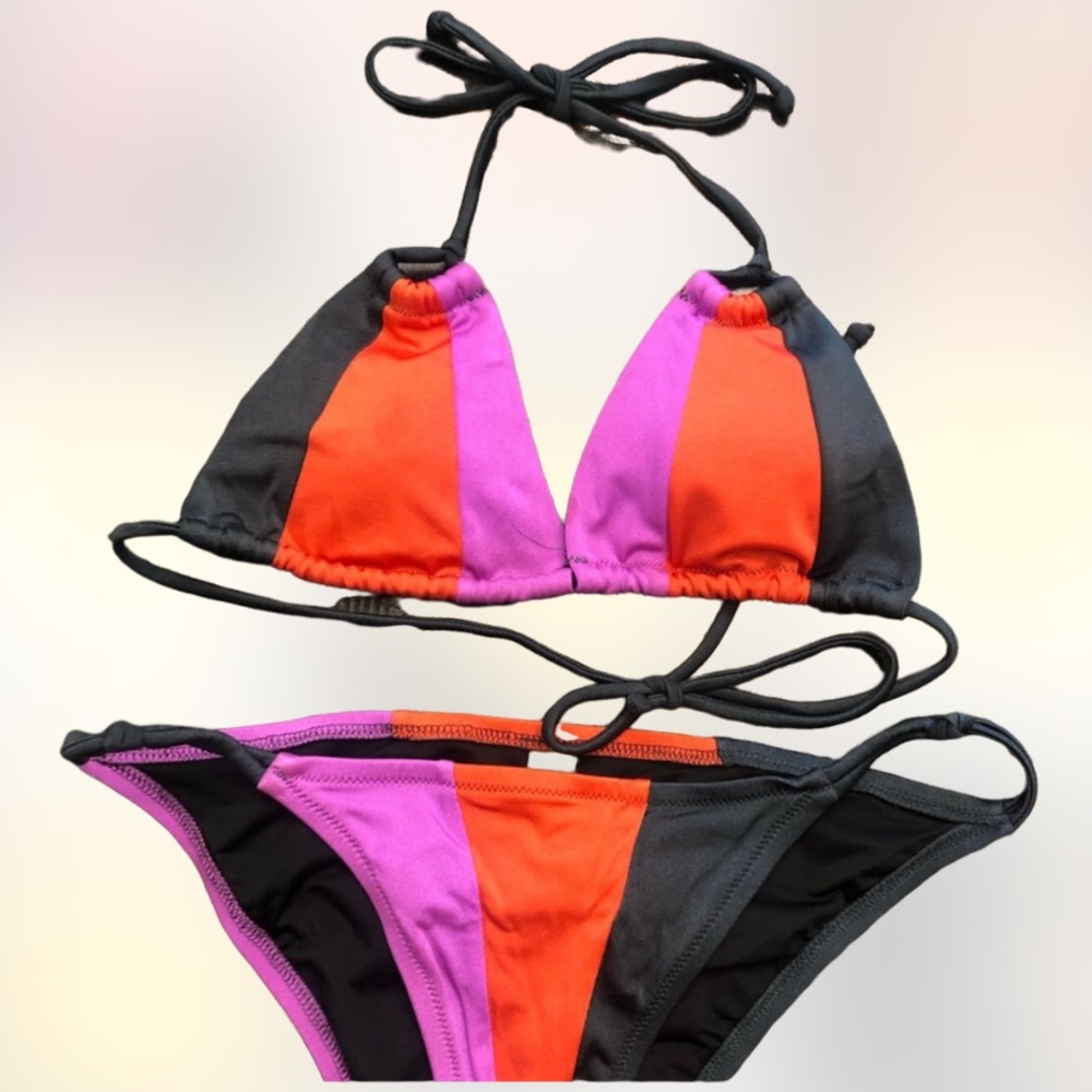 Victoria Secret 2 Piece Purple, Red/Orange & Gray Striped Swimsuit SZ Small
